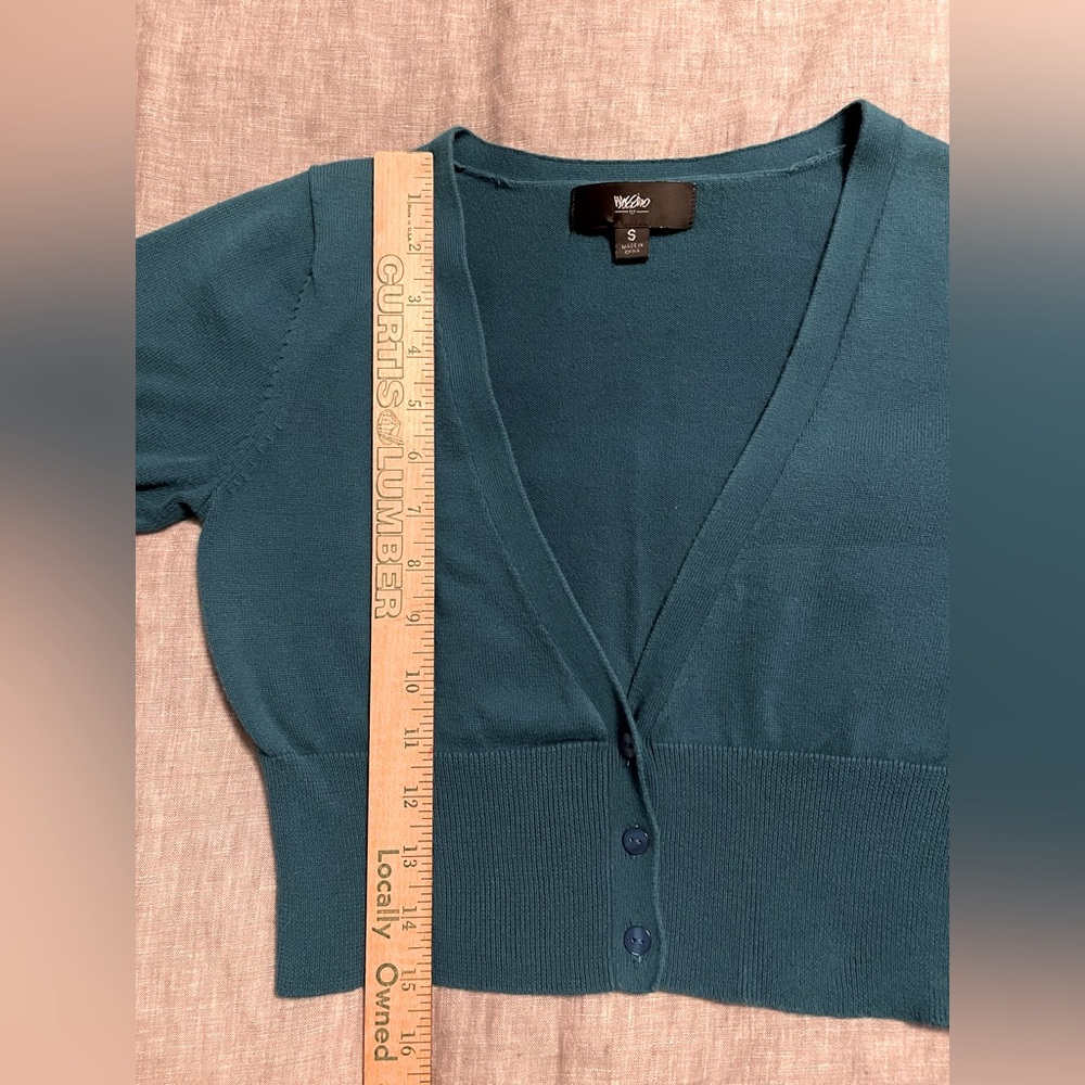 Mossimo size small 100% cotton Teal Knit Short Sleeve Cardigan cropped top euc - Picture 5 of 6
